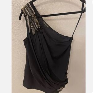 CASTLE STARR Y2K Black 100% Silk Gold/Silver Beaded One Shoulder Top Siz…